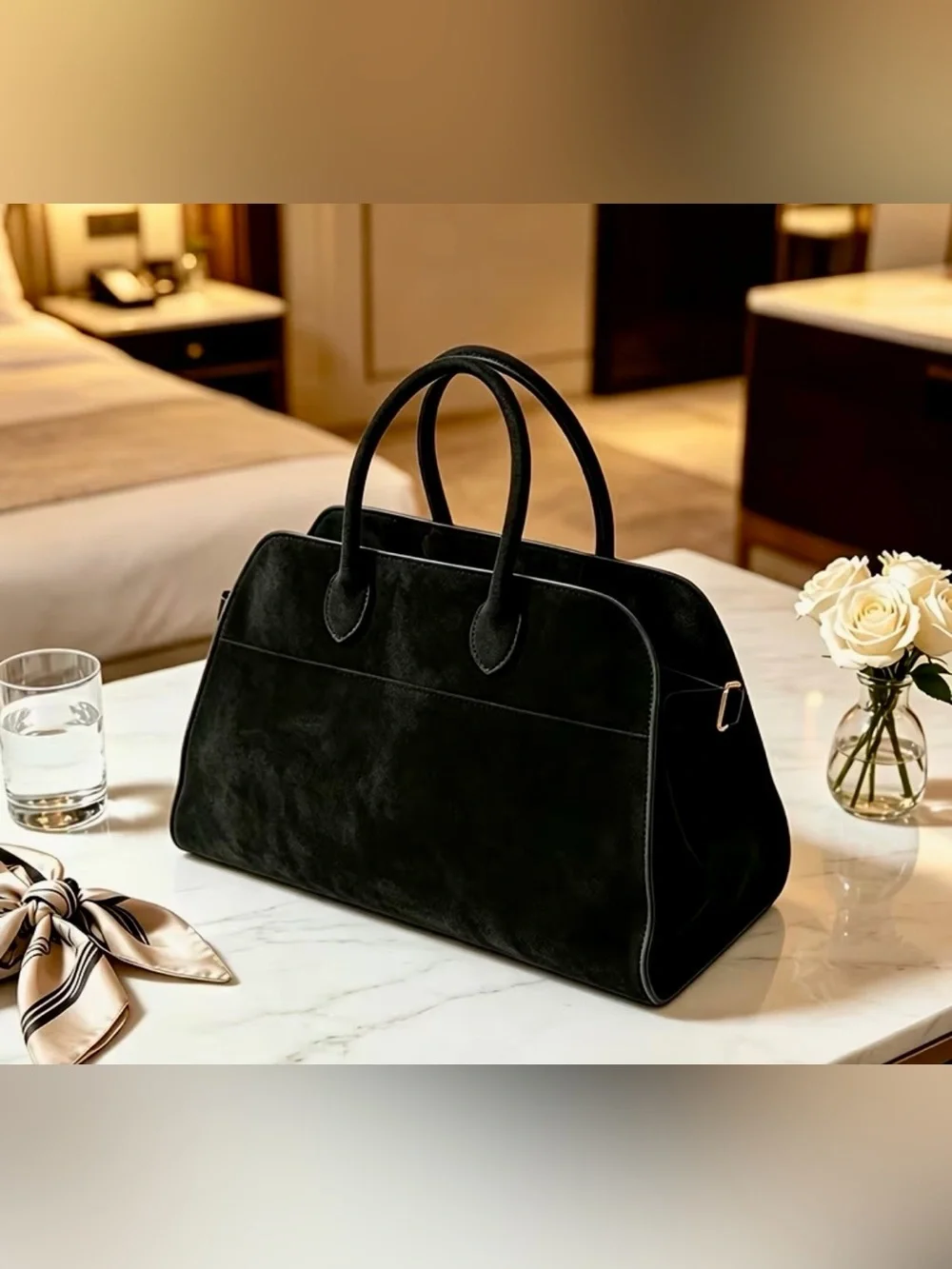 Black Top Handle Suede Satchel Handbag w/Buckle Detail Gold Hardware Zip Pocket
